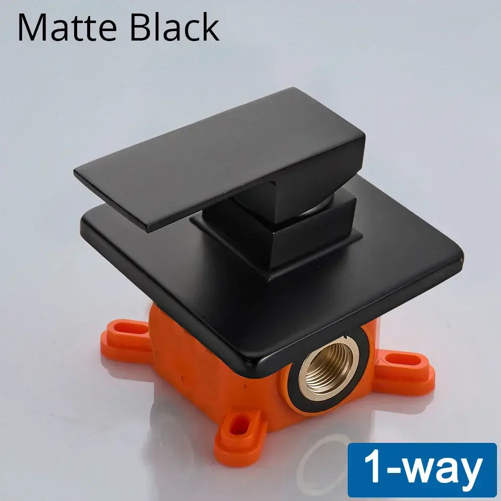 DecorBites matte black one-way shower mixing valve with square modern design and orange plastic base concealed wall mount