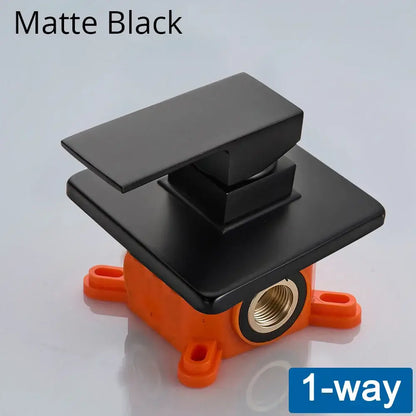 DecorBites matte black one-way shower mixing valve with square modern design and orange plastic base concealed wall mount