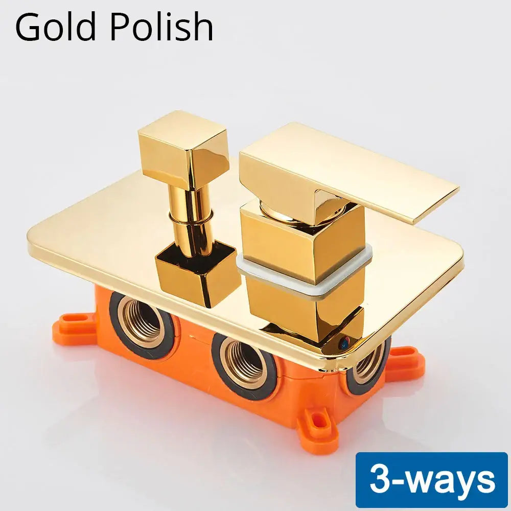 Gold-polished modern 3-way shower mixing valve with sleek square design and matching handles for wall mount control
