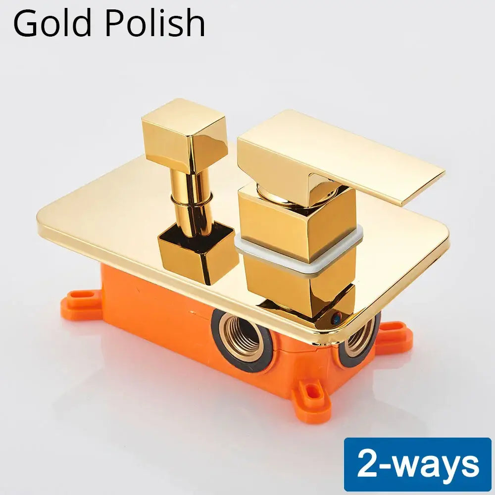 Gold polished modern two-way bathroom faucet with sleek square design and brushed finish for shower mixing valve use