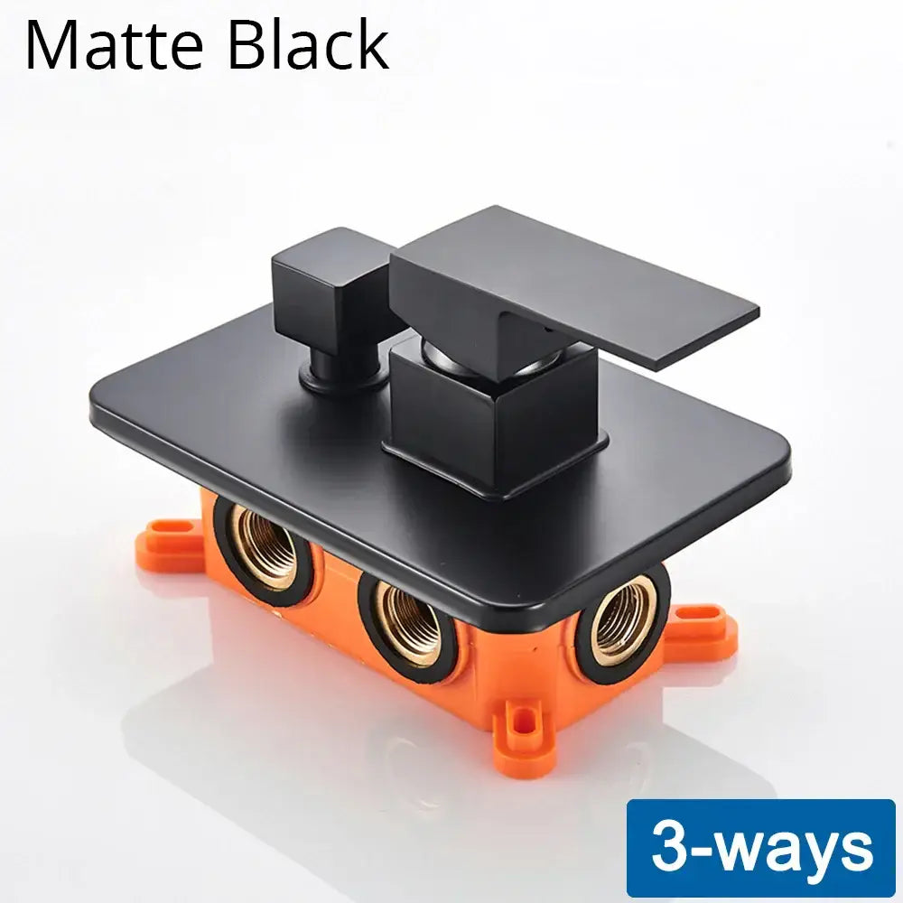 Matte black 3-way shower mixing valve with square handles and brass threaded connections by DecorBites
