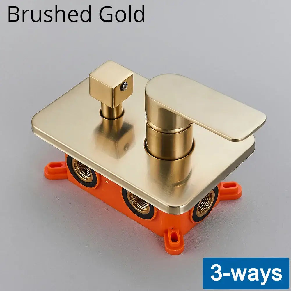 Brushed gold three-way bathroom faucet with rectangular design and orange base for decorbites shower mixing valve