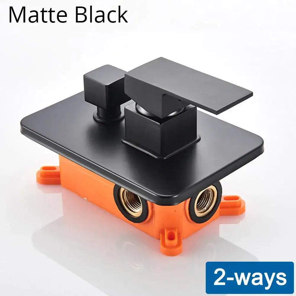Matte black dual-handle shower mixing valve with modern square design and orange plastic mounting base for wall mount
