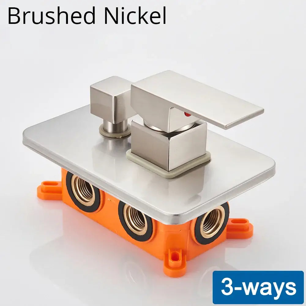 Brushed nickel three-way shower mixing valve with square handles and orange mounting base for concealed wall mount box