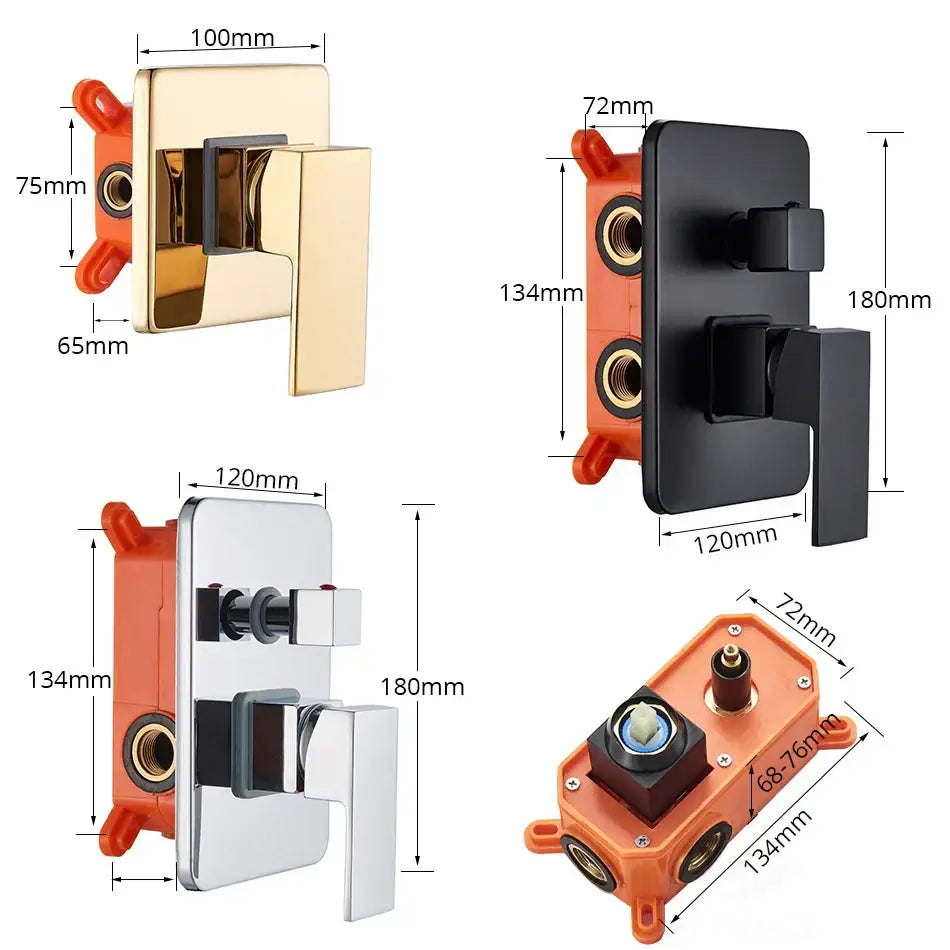 Modern wall-mounted shower mixing valve assemblies in gold black and chrome finishes with orange plastic backplates