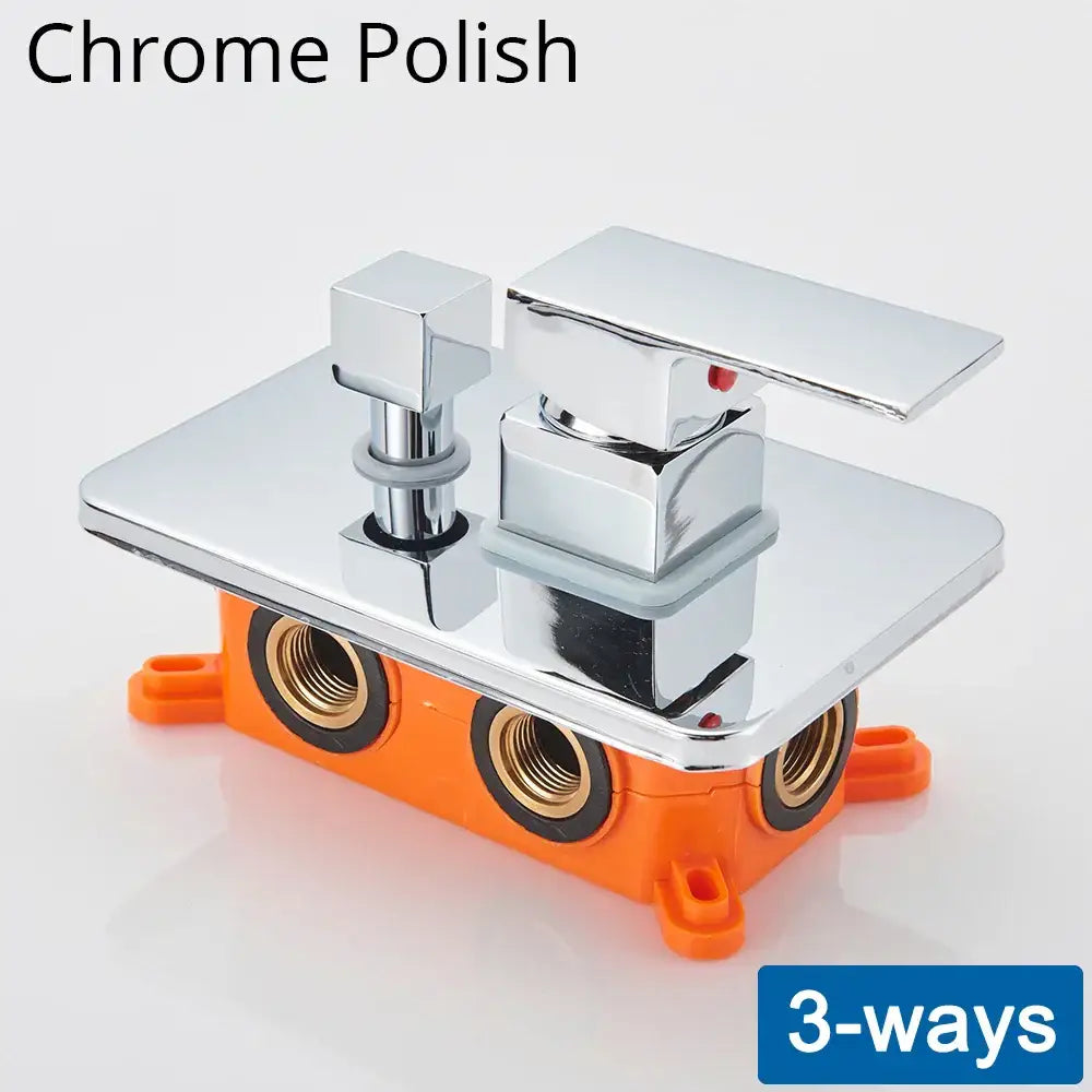 Chrome finished modern 3-way shower mixing valve with sleek rectangular plate and two square handles for concealed wall mount