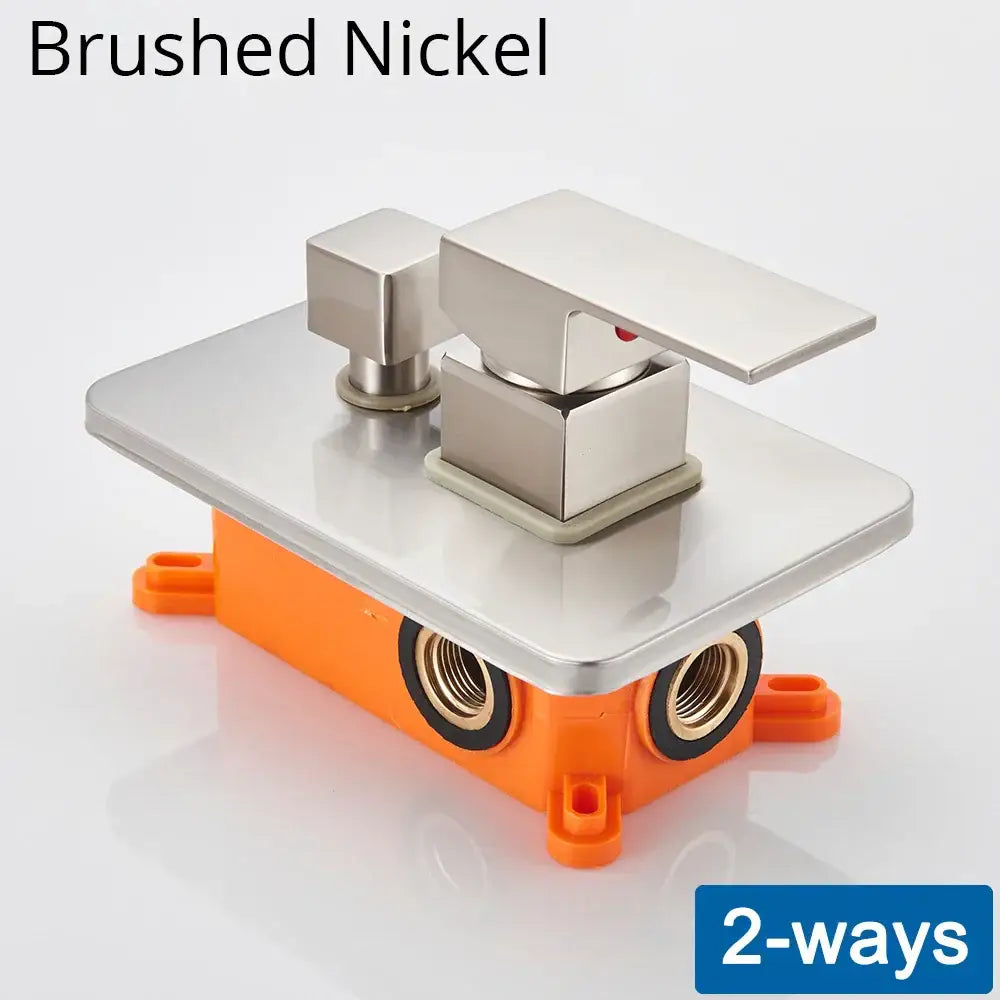 Brushed nickel two-way wall-mounted shower mixing valve with square handles and orange base for concealed control