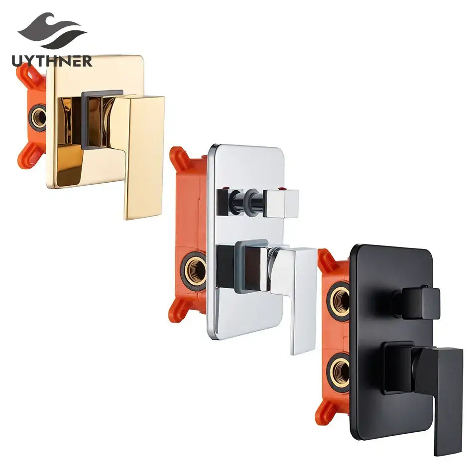 DecorBites black golden brass shower mixing valve set wall mounted with sleek rectangular design in gold chrome and black finishes