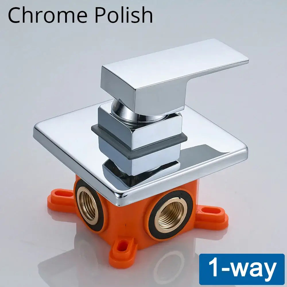 DecorBites black golden brass shower mixing valve with chrome-polished square face and orange plastic mounting base