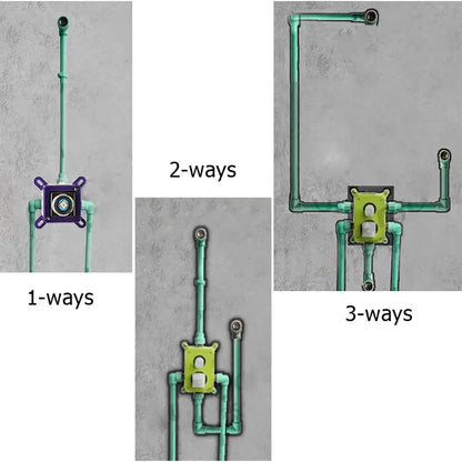 The image shows three configurations of DecorBites black golden brass concealed wall mount shower mixing valve with teal pipes