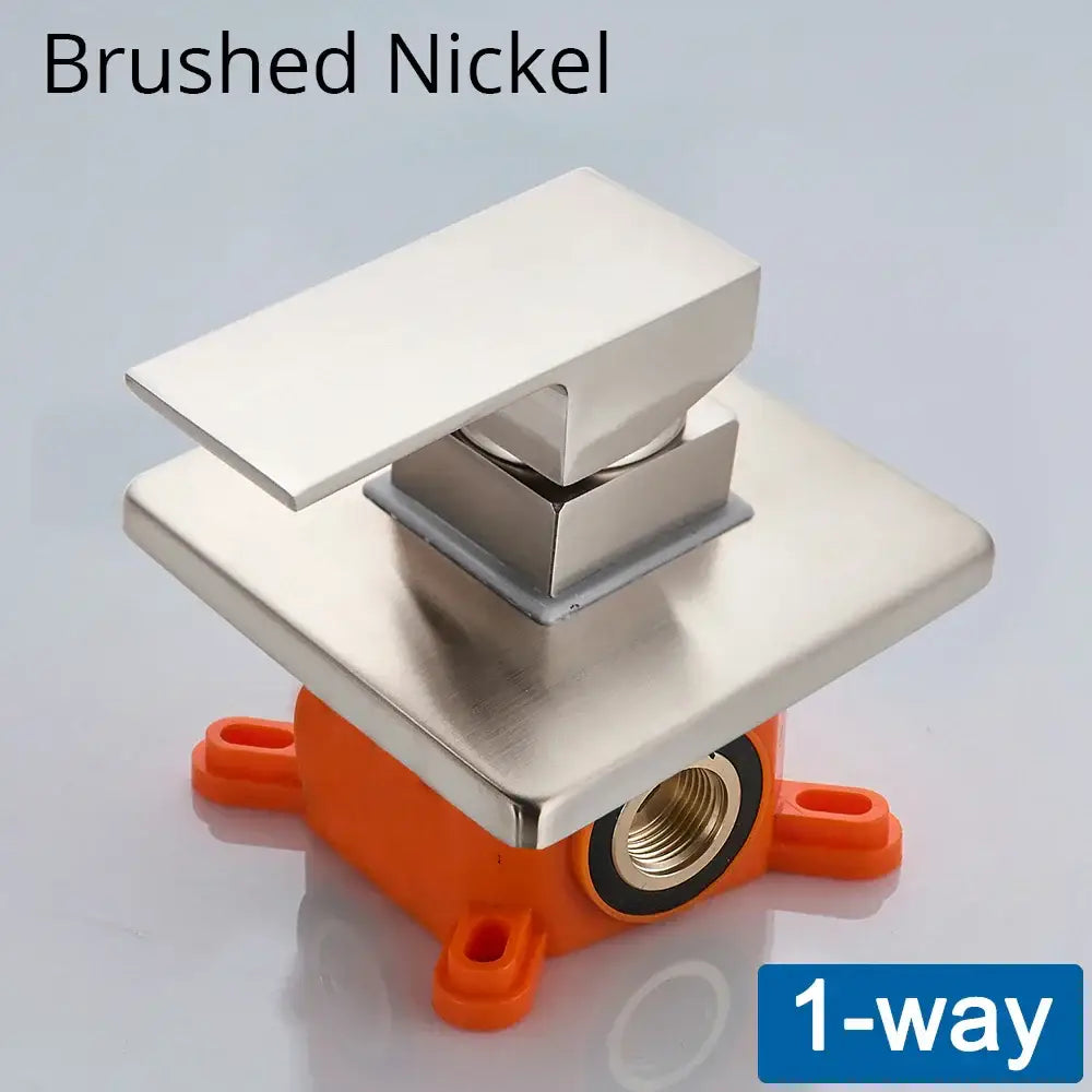 Brushed nickel square shower mixing valve with modern design and orange plastic mounting base for concealed wall mount