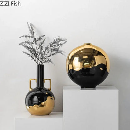 Decorbites black golden ceramic vase set with glossy finish including one with dual handles for minimalism aesthetic decor