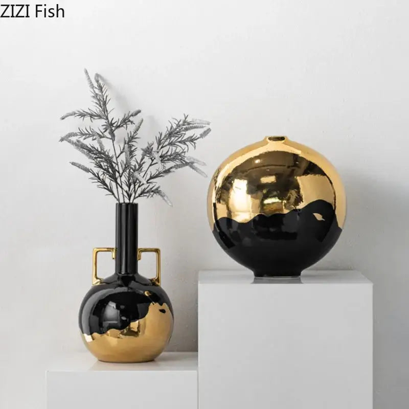 Decorbites black golden ceramic vase set with glossy finish including one with dual handles for minimalism aesthetic decor