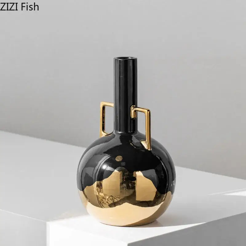 DecorBites black golden ceramic vase with sleek glossy finish and minimalist handles for floral room decor