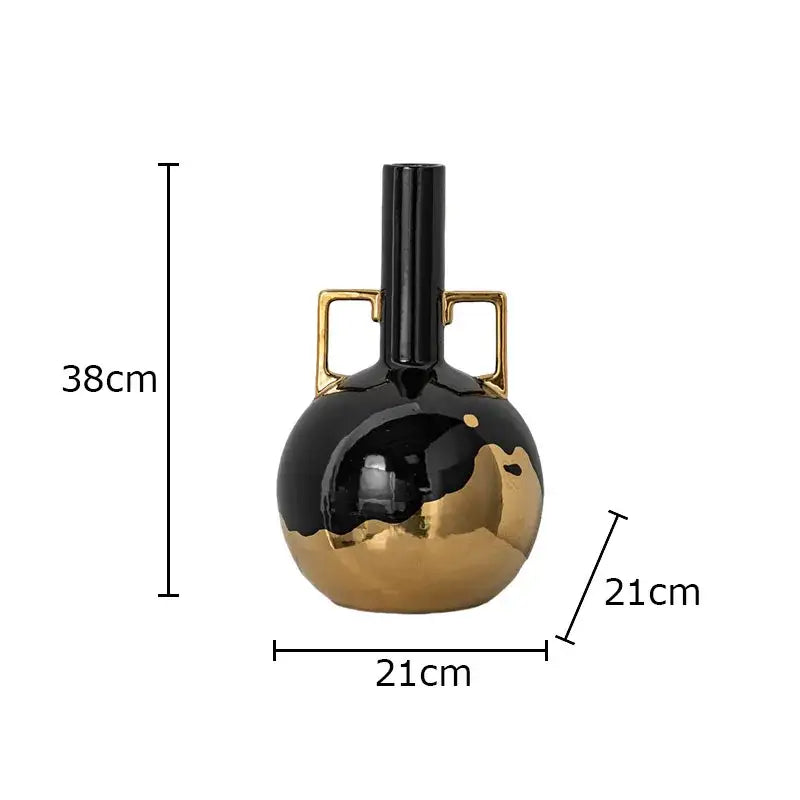 DecorBites black golden ceramic vase with glossy finish and geometric handles for minimalism aesthetic room decor