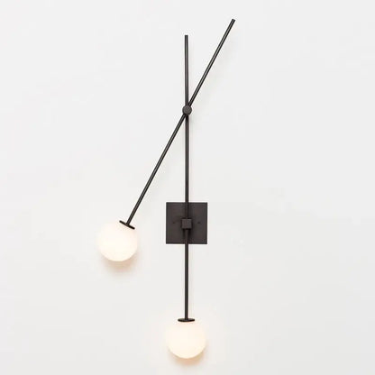 Decorbites black golden led wall sconce with two spherical frosted glass shades for foyer and bedroom lighting