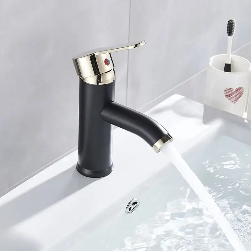 DecorBites black golden single handle basin faucet with black matte finish and chrome accents for bathroom deck mount vessel sink