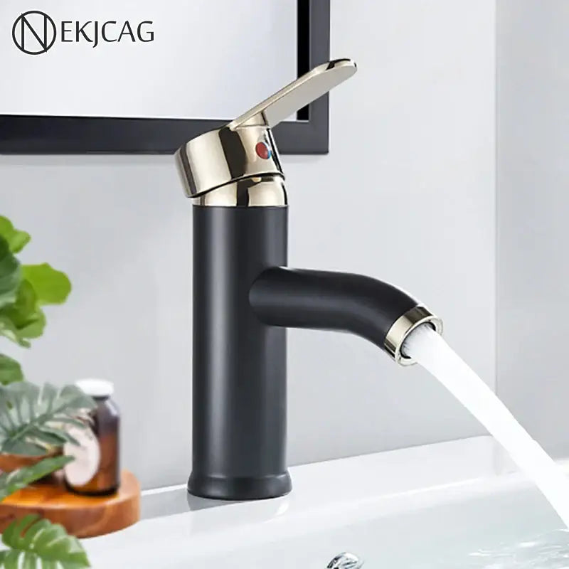 Decorbites black golden single handle basin faucet with black matte finish and polished gold accents for vessel sink deck mount