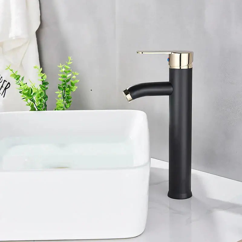 DecorBites black golden basin faucet single handle matte finish with gold accents for deck mount vessel sink