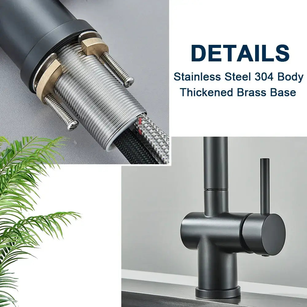 Black gourmet kitchen faucet by DecorBites with black matte finish stainless steel body and brass base