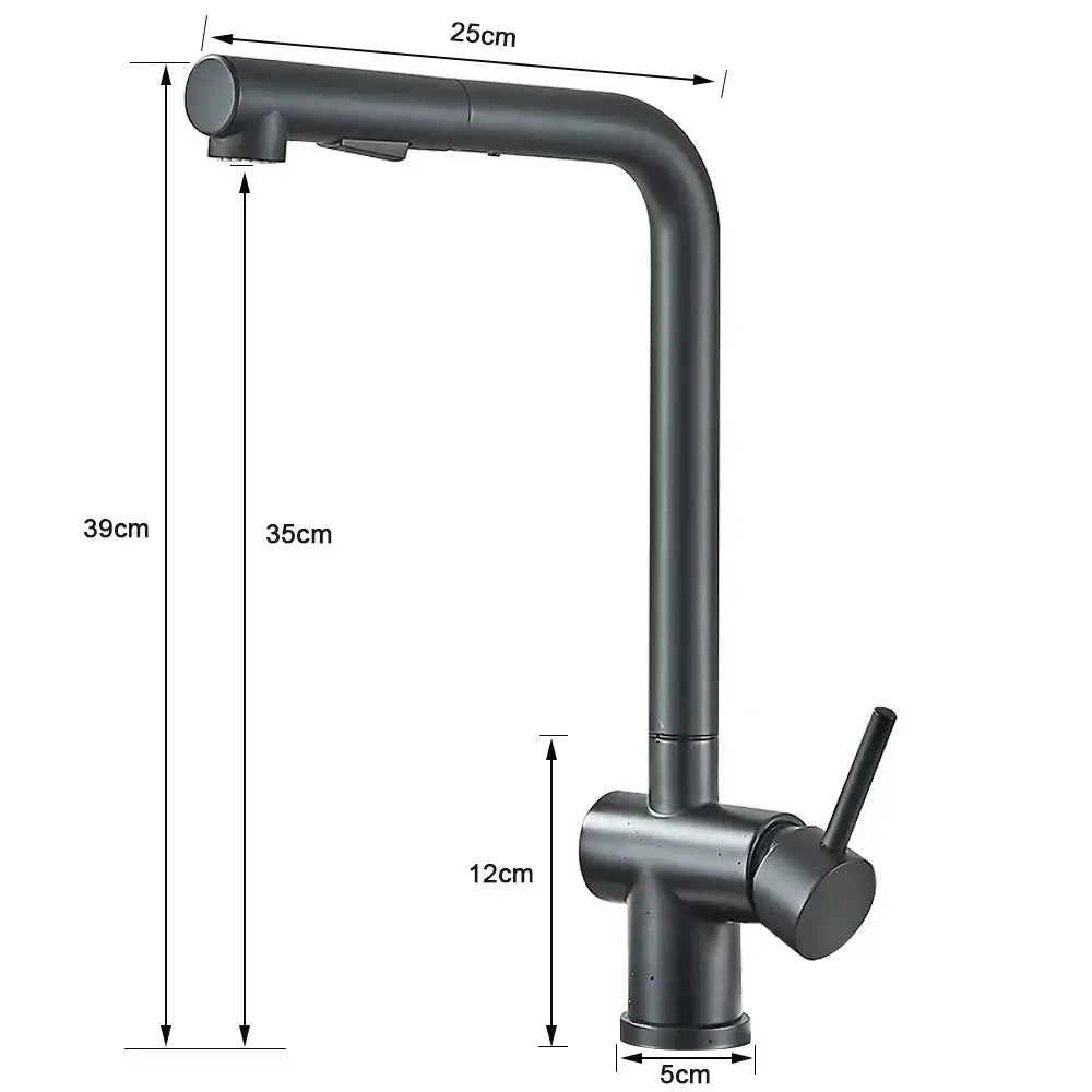 DecorBites black gourmet kitchen faucet with black matte finish pull-down spray head and dual nozzle design