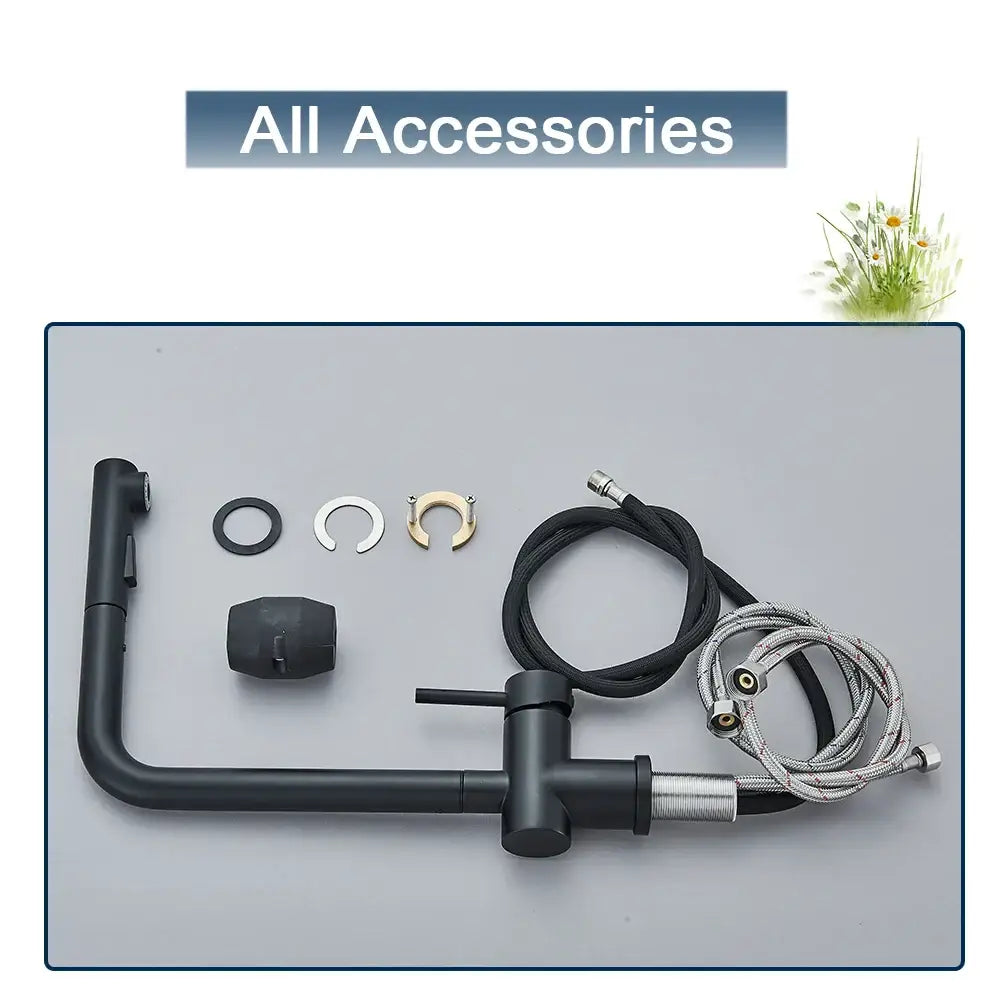 DecorBites black gourmet kitchen faucet with black matte finish, flexible pull-down sprayer, and dual coiled hoses
