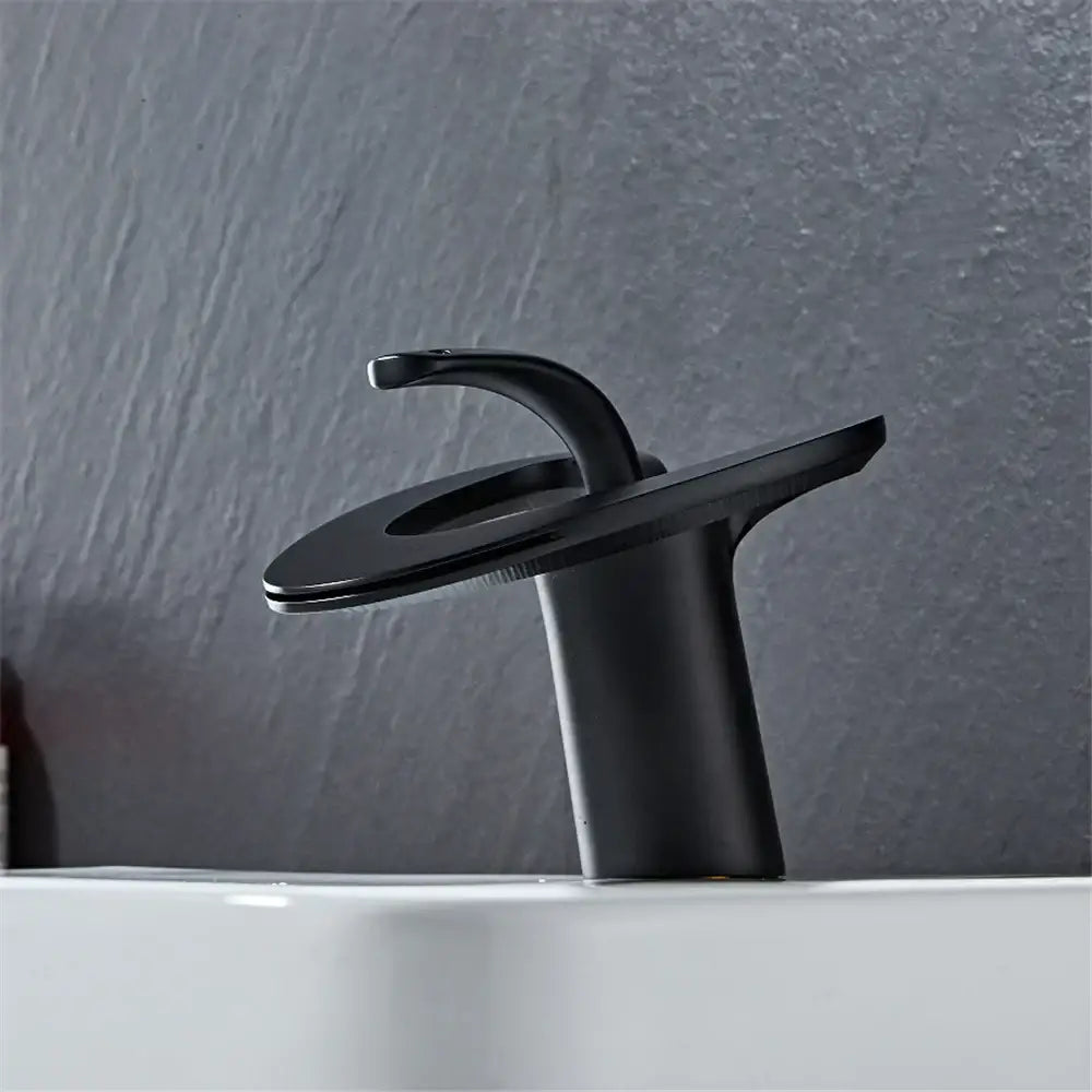Decorbites black gray brass waterfall basin faucet with matte finish sleek curved spout for hot cold mixer tap
