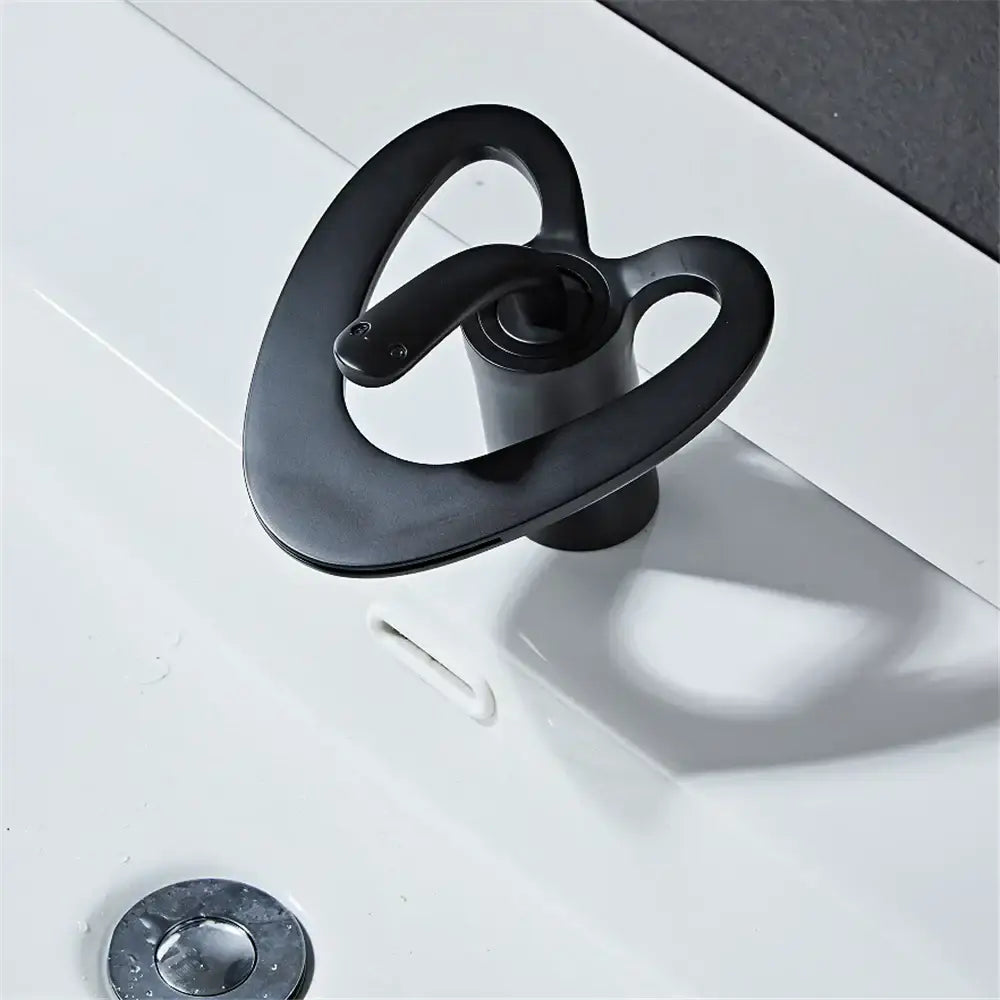 Decorbites black gray brass waterfall basin faucet with matte finish and modern intertwined circular handles