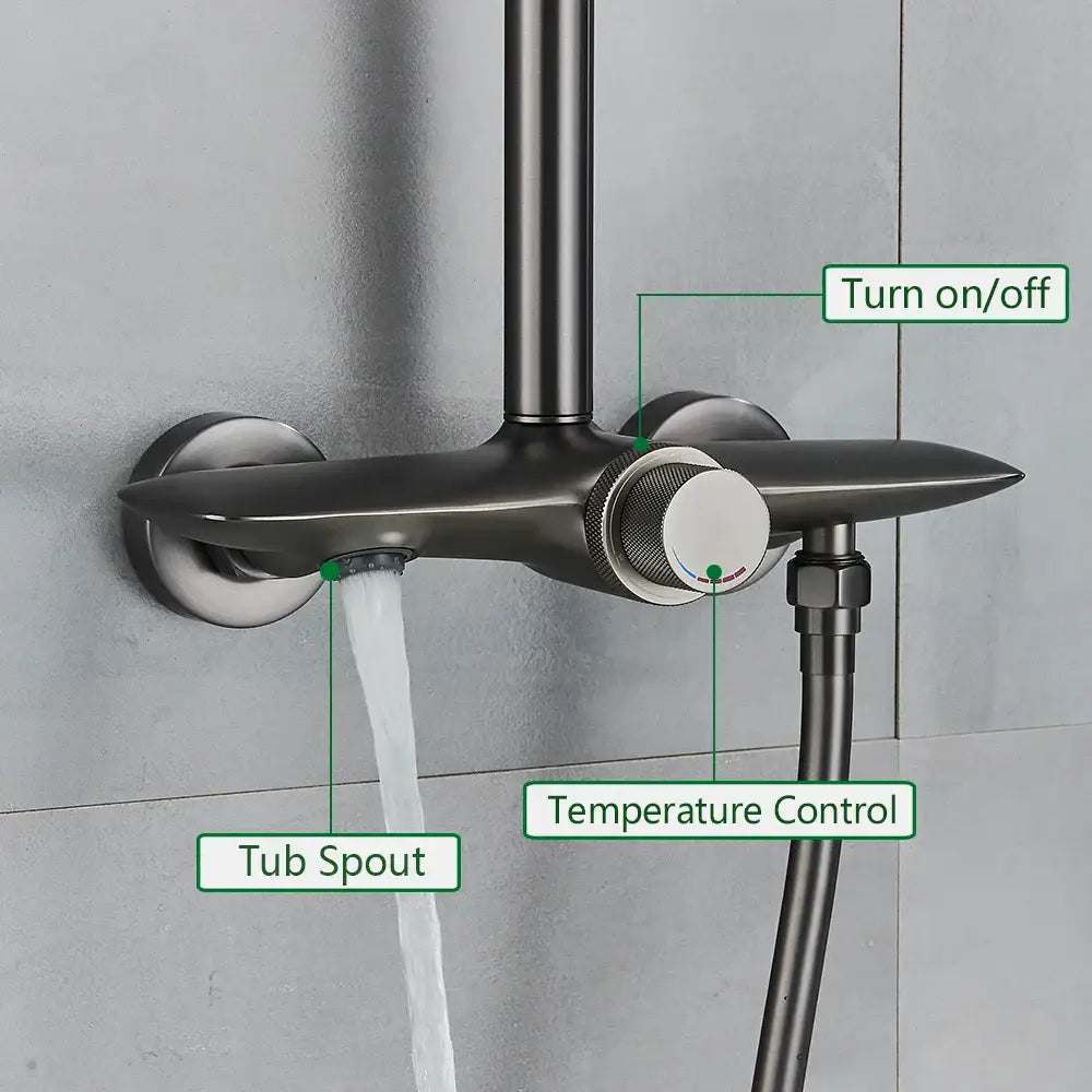 Modern matte black gray wall mounted bathtub faucet with integrated temperature control in decorbites black gray set