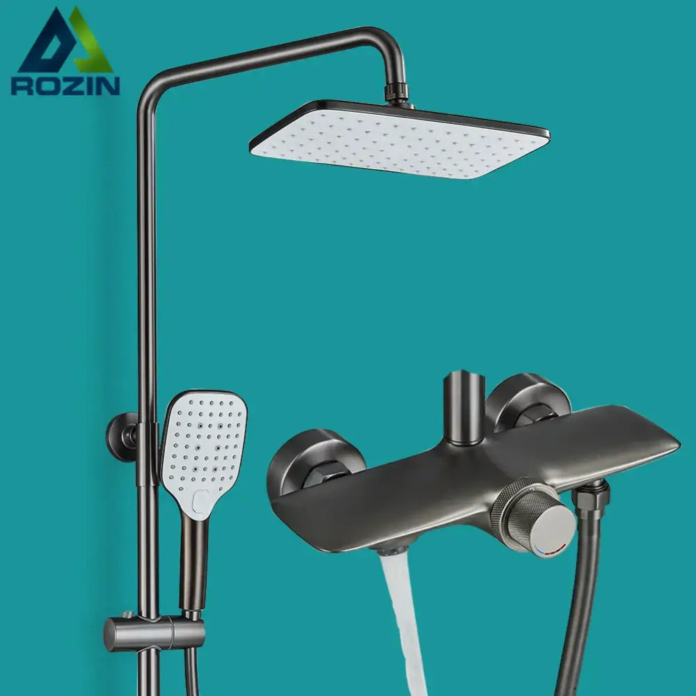 Bronze-finished decorbites black gray wall mounted shower system set with square rainhead and handheld spray head