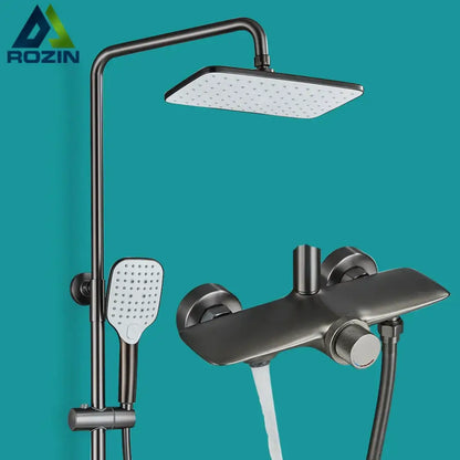 Bronze-finished decorbites black gray wall mounted shower system set with square rainhead and handheld spray head