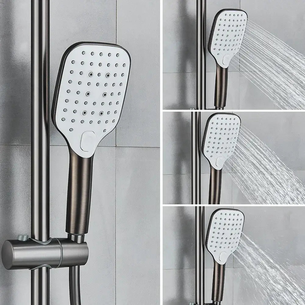 Modern matte black and chrome decorbites black gray wall mounted showerhead with square face and integrated control button