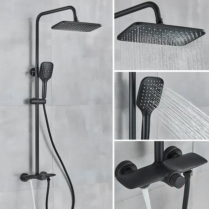 Decorbites black gray wall mounted shower system with black matte rectangular rainhead handheld spray and control valve