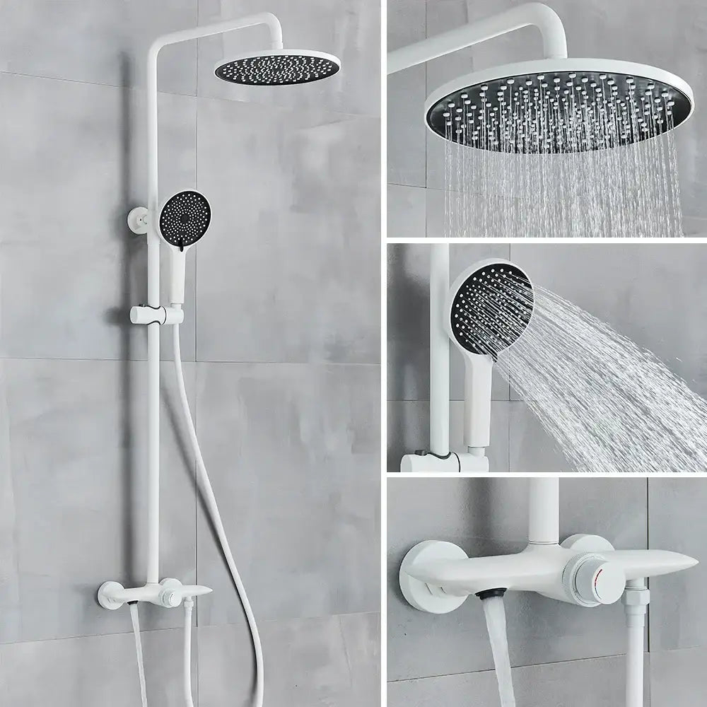 White modern shower system with round rainhead and handheld nozzle in decorbites black gray wall mounted set