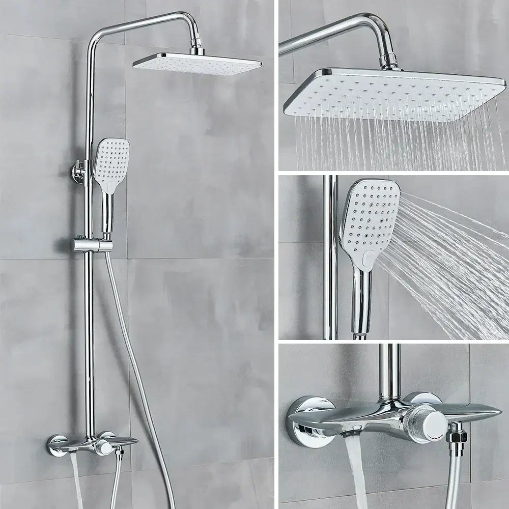 Chrome-finished decorbites black gray wall mounted shower system set with rectangular rainhead and handheld spray nozzle