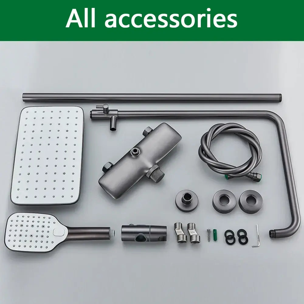 Modern matte black decorbites black gray wall mounted shower system with rectangular rainhead and handheld spray head