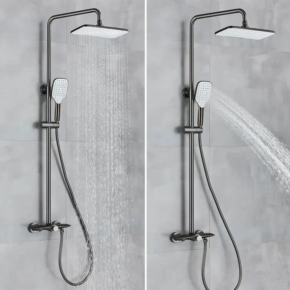 Modern matte black decorbites black gray wall mounted shower system set with rectangular rainhead and handheld nozzle