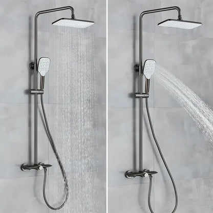 Modern matte black decorbites black gray wall mounted shower system set with rectangular rainhead and handheld nozzle
