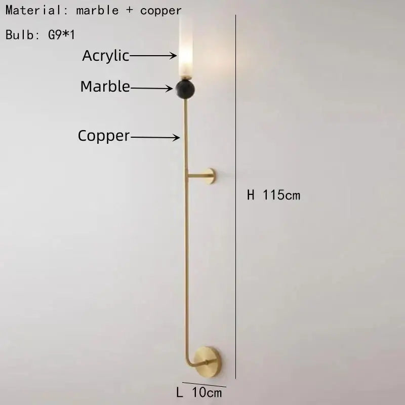 DecorBites™ wall lamp featuring a copper acrylic lampshade with a slender frame and black green marble sphere top