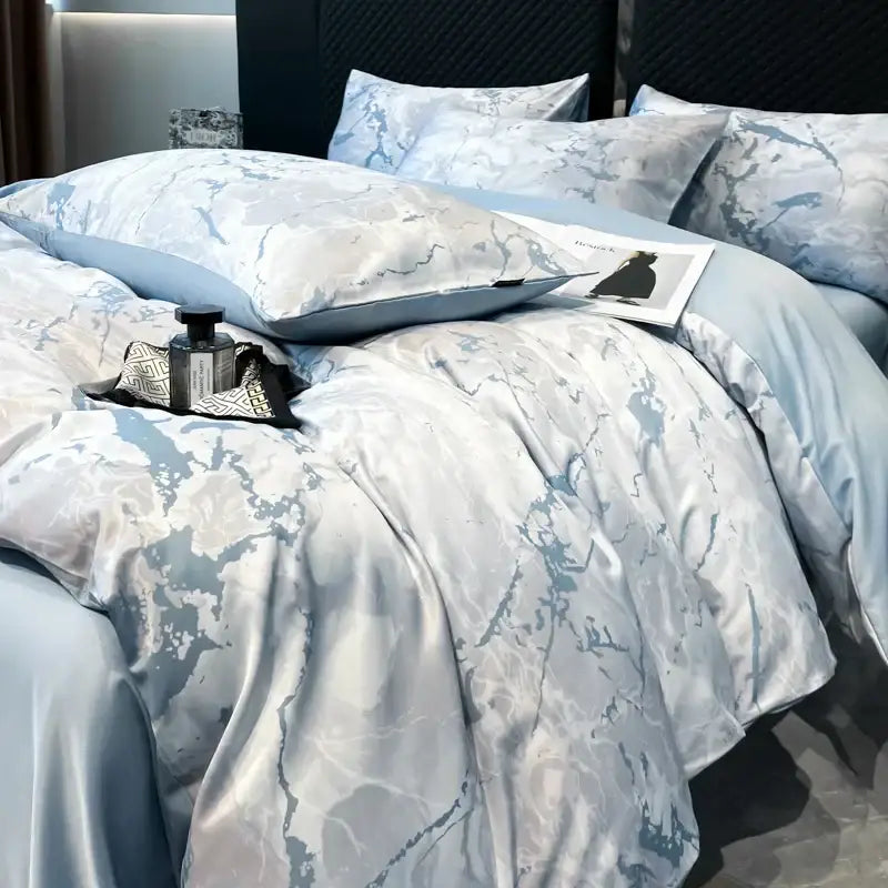 Decorbites™ light blue and white marble-patterned ice silk duvet cover set offering luxury cooling comfort and nordic style