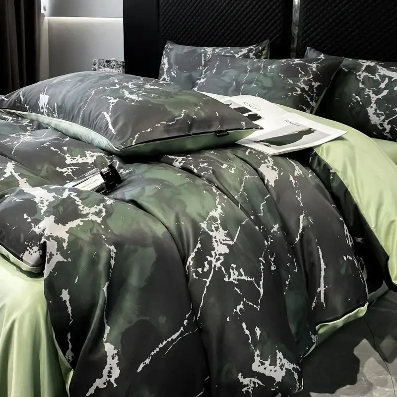 Decorbites™ black grey marble ice silk duvet cover set featuring green and white marble pattern with satin finish