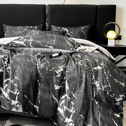 Decorbites black grey marble satin duvet cover set in ice silk fabric offers luxury cooling comfort nordic style