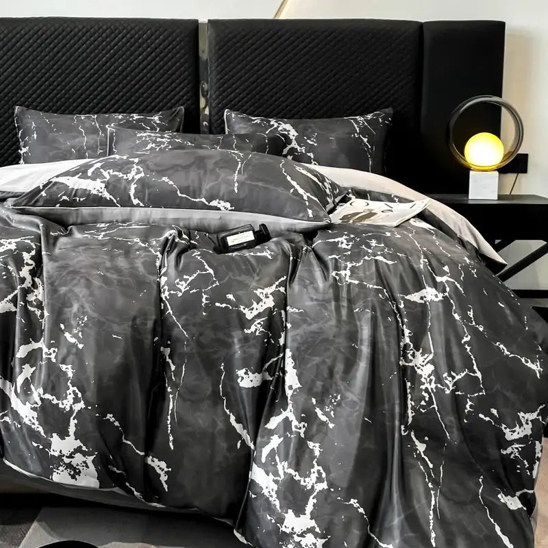 Decorbites black grey marble satin duvet cover set in ice silk fabric offers luxury cooling comfort nordic style