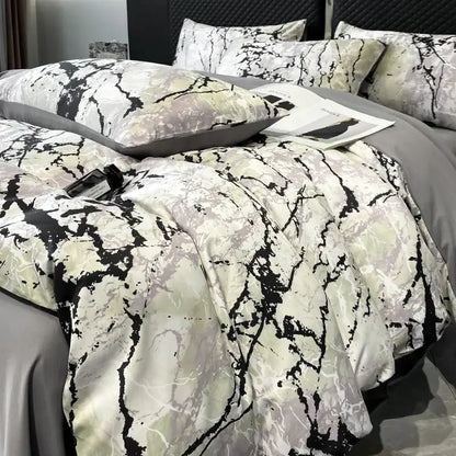 The DecorBites™ black grey marble duvet cover set features a satin-textured ice silk fabric for luxury cooling comfort