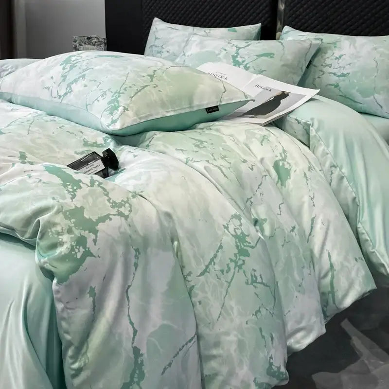 Soft mint green and white marble-patterned satin duvet cover set by decorbites luxury cooling comfort nordic style
