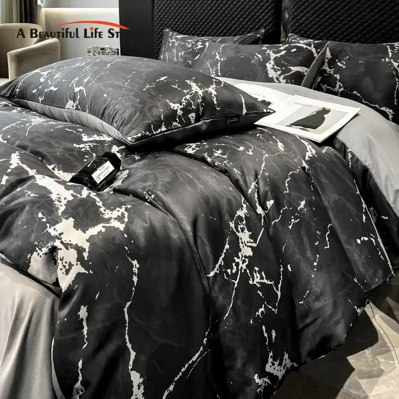 Decorbites black grey marble ice silk duvet cover set features a luxury cooling satin cover set with nordic style design