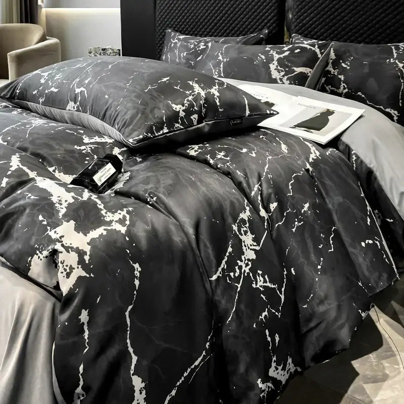 Decorbites black grey marble satin duvet cover set made of ice silk offering luxury cooling comfort and nordic style