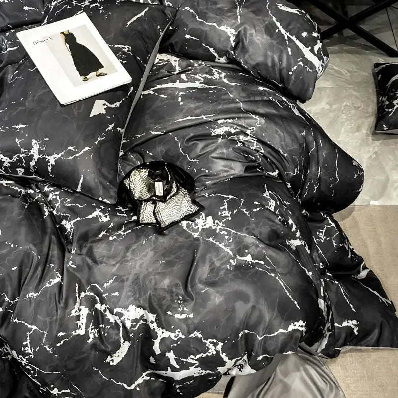 Decorbites black grey marble satin duvet cover set in ice silk fabric offers luxury cooling comfort in nordic style