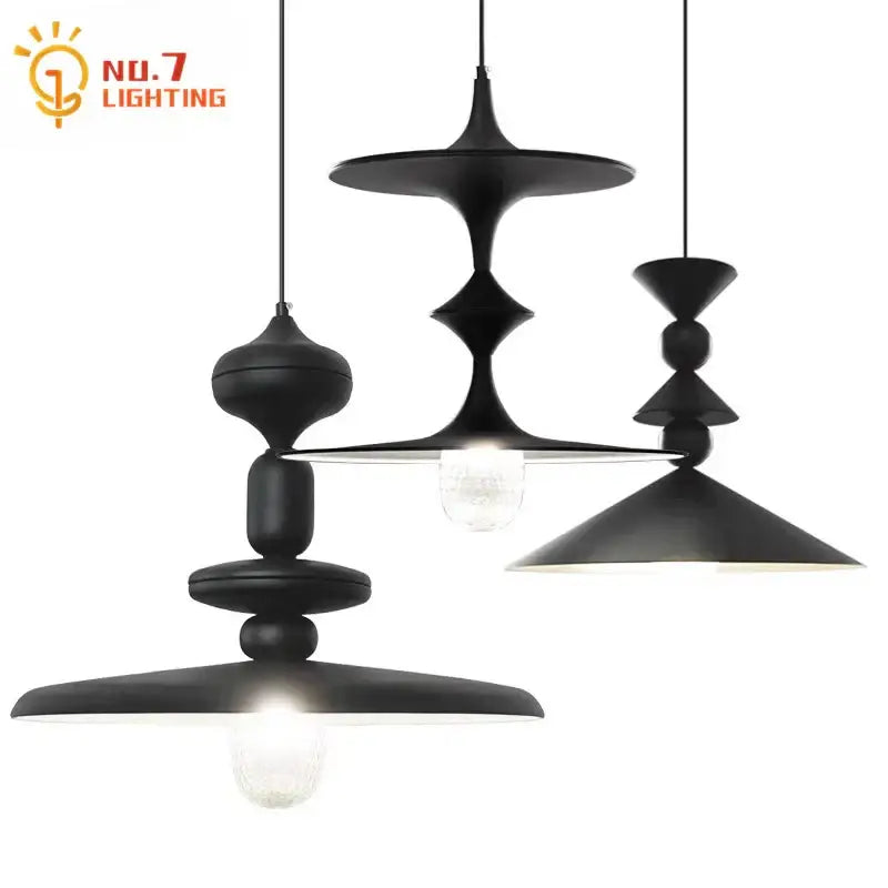 Decorbites black gyroscope pendant lights with black matte finish sculptural tiered design and exposed g9 led bulbs