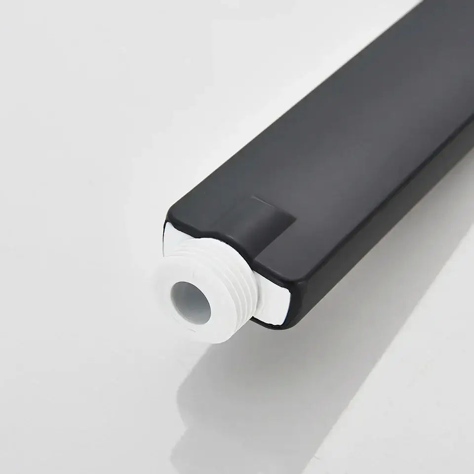 Black rectangular plastic bottle with white threaded cap for decorbites hand-held shower head water saving use